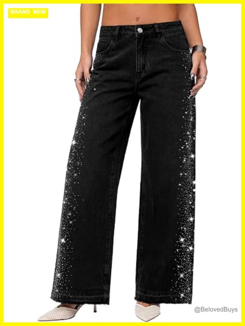 Rhinestone Wide Leg Jeans for Women High Waisted Baggy Jeans